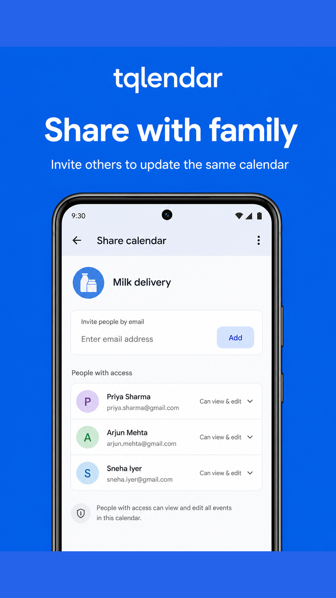 Qlendar share and invite screen
